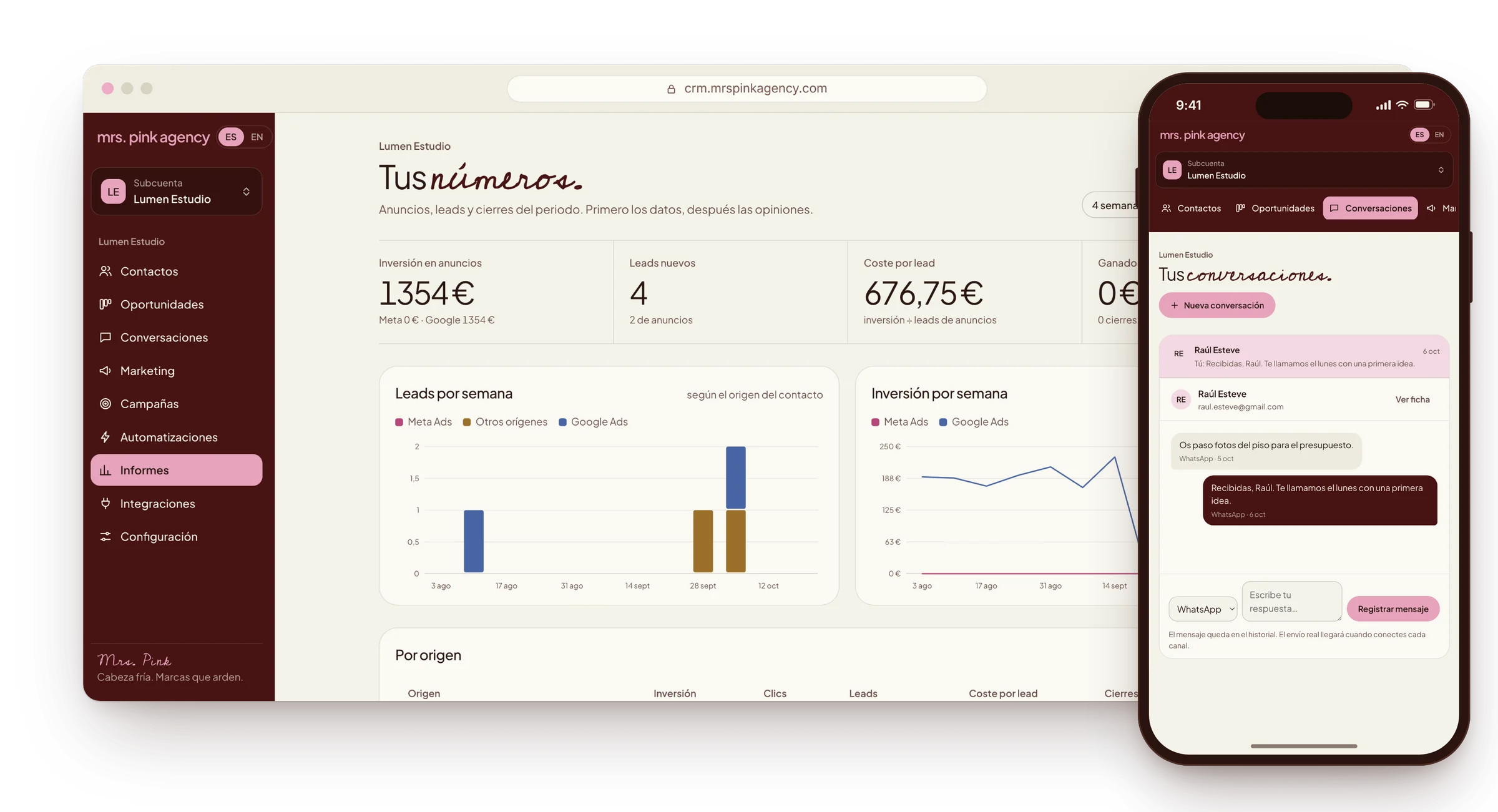 Mrs. Pink Agency software on desktop and mobile: reports dashboard with ad spend, leads and cost per lead, and client conversations